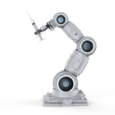 3D render robot el holding şırınga beyaz arka plan üzerinde