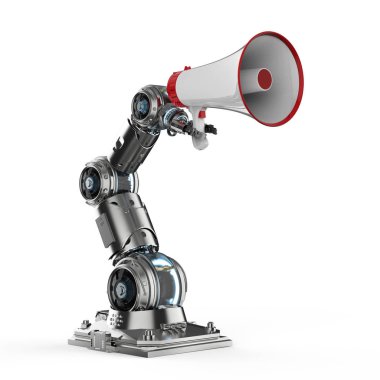 3d render robot el megafon beyaz arka plan üzerinde tutarak
