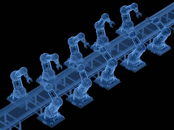 3d rendering x-ray robot assembly line with conveyor belt on black background