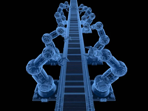 3d rendering x-ray robot assembly line with conveyor belt on black background