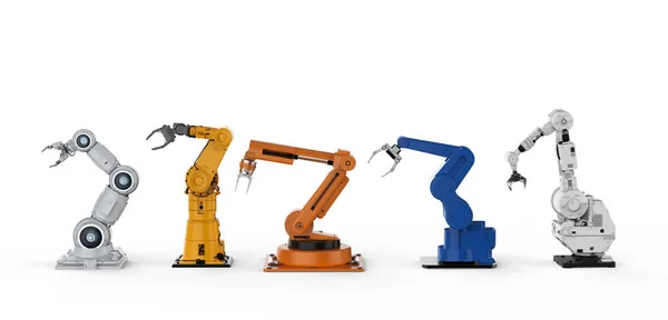 Rendering Five Robotic Arms Row White Background — Stock Photo, Image