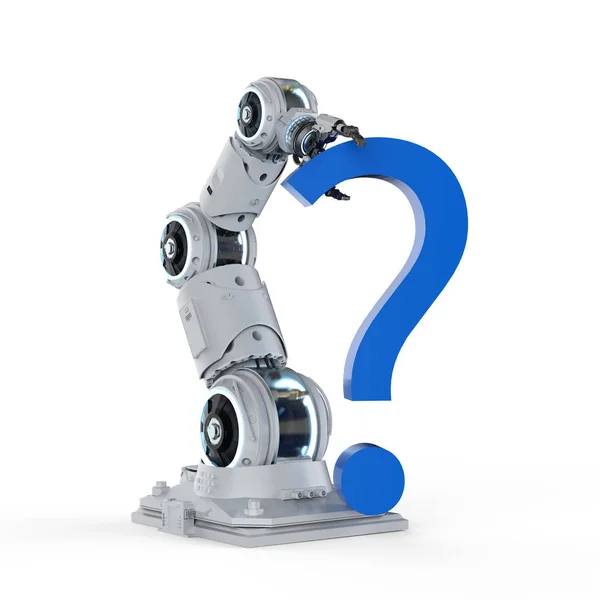 Bras Robot Rendu Avec Point Interrogation Bleu Sur Fond Blanc — Photo