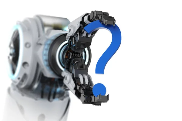 Braccio Robot Rendering Con Punto Interrogativo Blu Sfondo Bianco — Foto Stock