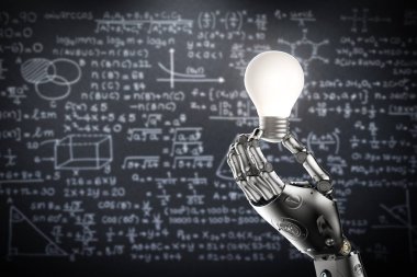 Machine learning concept with 3d rendering robot hand hold lightbulb  clipart