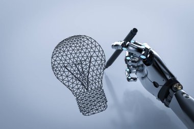 Yaratıcılık kavramı ile 3d render robot çiz Çokgen ampul 