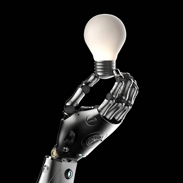 Kreativitet Koncept Med Rendering Robot Hand Hålla Glödlampa Svart Bakgrund — Stockfoto