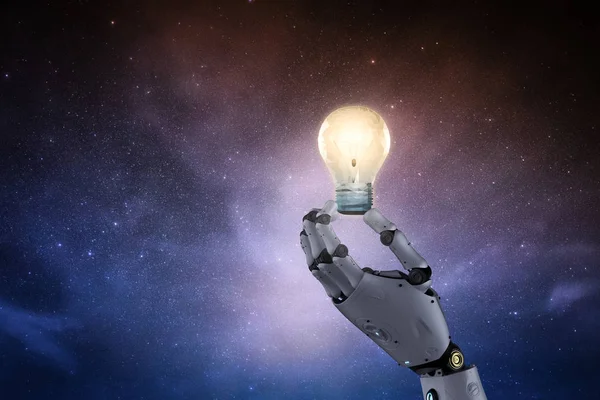 Concetto Creatività Con Lampadina Mano Robot Rendering — Foto Stock