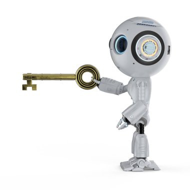 Online Güvenlik kavramı ile 3d render mini robot tutun anahtar
