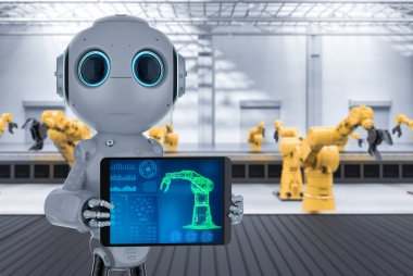 3D render mini robot kontrol robot montaj hattı fabrikasında