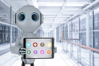 3D render asistanı robot ile dijital tablet ekran simgeleri