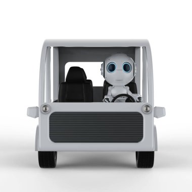 Ulaşım Teknolojisi kavramı ile minibüs beyaz arka plan üzerinde sürüş 3d render robot