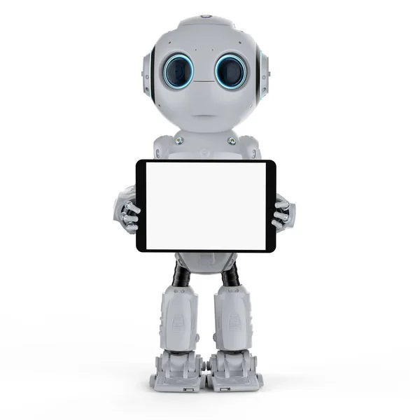 Mini Robô Renderização Com Tablet Digital Tela Branco — Fotografia de Stock