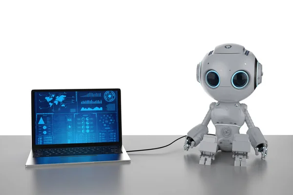 Rendering Mini Roboter Mit Computer Notebook Auf Weißem Hintergrund — Stockfoto