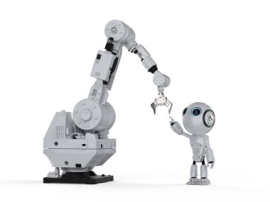 Beyaz arka plan üzerinde robot kol ile 3D render mini robot