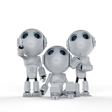 3D render üç sevimli yapay zeka robotlar çizgi film karakteri ile 
