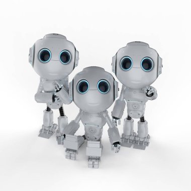 3D render üç sevimli yapay zeka robotlar çizgi film karakteri ile 