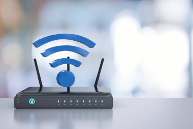 3d rendering router with blue wi-fi sign  clipart