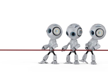 Ekip çalışması kavramı bir halat 3d render mini robot ile