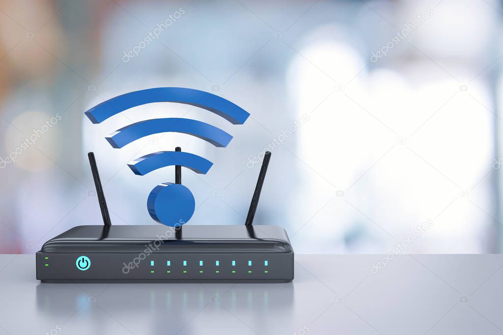 3d rendering router with blue wi-fi sign 