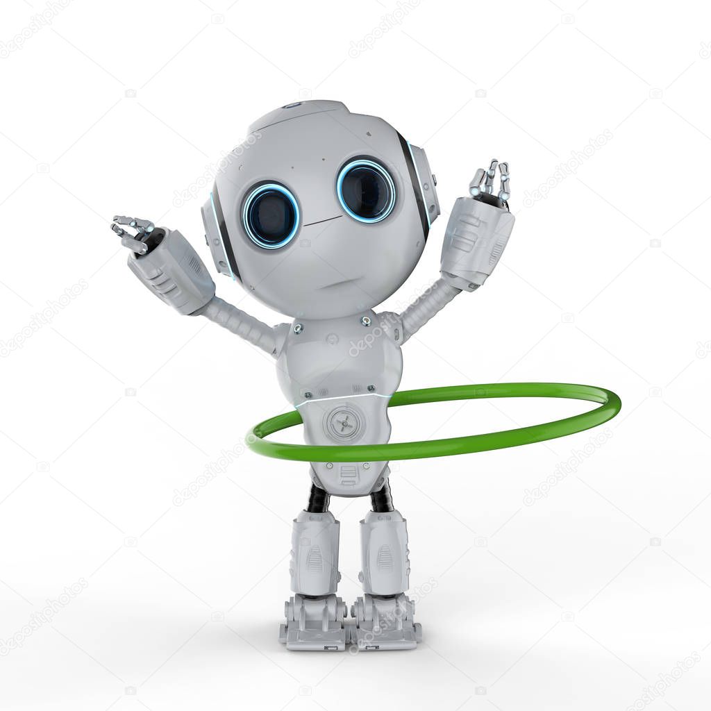 3d rendering robot play hula hoop on white background