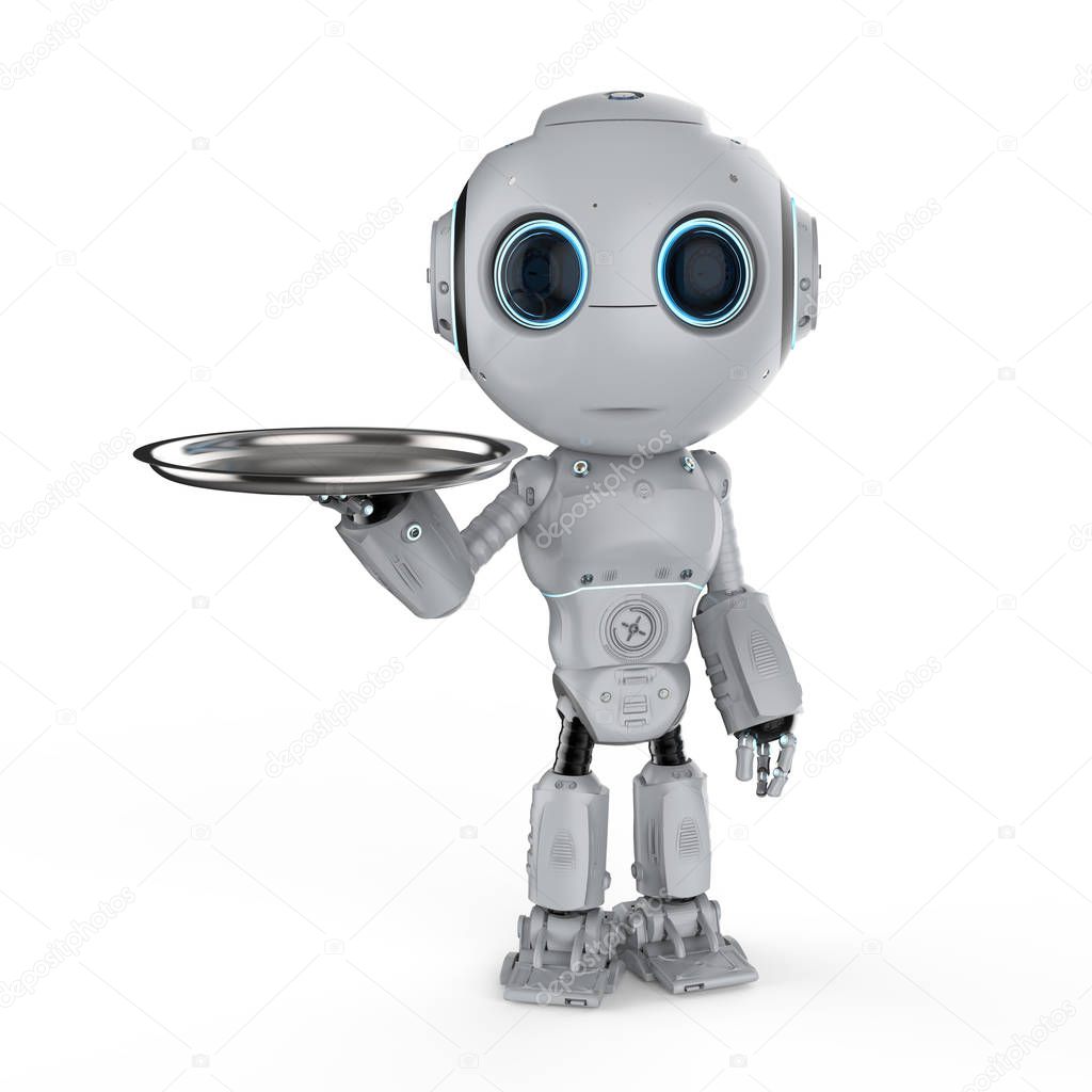 3d rendering mini robot holding serving tray