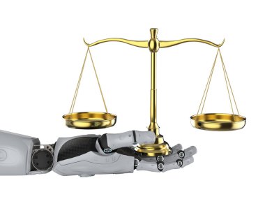 Siber Hukuk veya Internet Hukuku kavramı hukuk ölçek ile 3d render AI robot ile