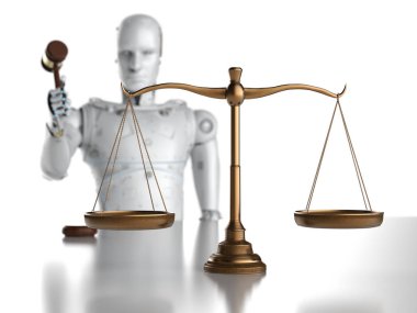 Siber Hukuk veya Internet Hukuku kavramı hukuk ölçek ve tokmak Yargıç ile 3d render AI robot ile
