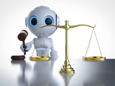 Siber Hukuk veya Internet Hukuku kavramı hukuk ölçek ve tokmak Yargıç ile 3d render AI robot ile