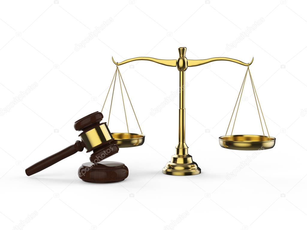 Law concept with 3d rendering law scale with gavel judge on white background