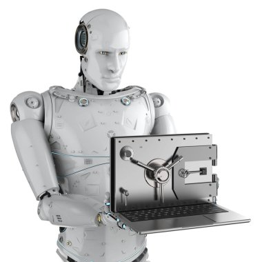 Bilgisayar dizüstü kasa kapısı açık online güvenlik kavramı ile 3d render robot 