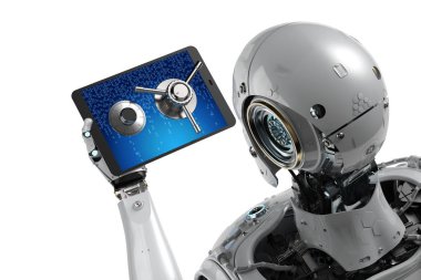 Bilgisayar dizüstü kasa kapısı açık online güvenlik kavramı ile 3d render robot 