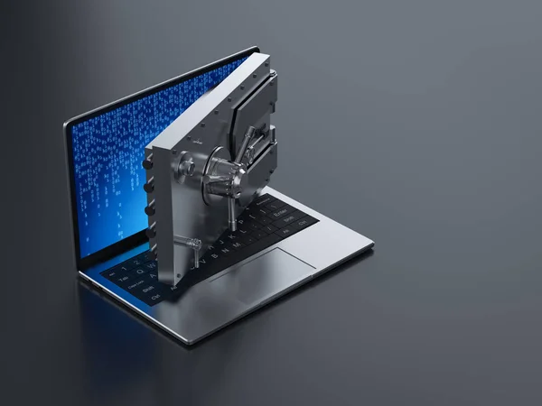 Koncepcja Bezpieczeństwa Online Drzwi Krypty Renderowania Komputer Notebook — Zdjęcie stockowe