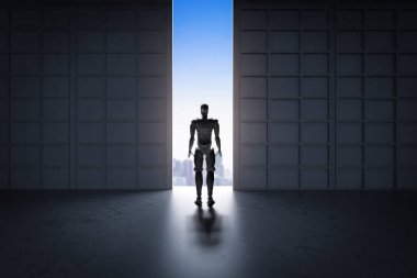 Fütüristik teknoloji kavramı ile duvar arasında 3d render dikiz robot duran 