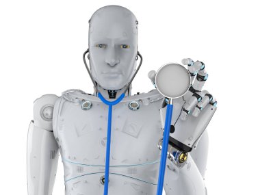 Tıbbi teknoloji kavramı ile 3d render robot el ya da robot el tutun stetoskop
