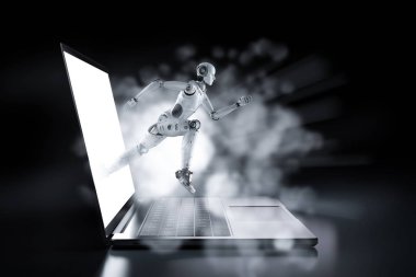 Hızlı hızlı teknoloji kavramı ile 3d render robot bilgisayar notebook dışında çalıştırmak