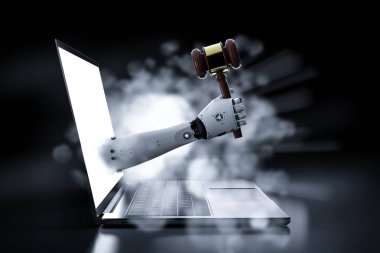 Siber Hukuk kavramı ile 3d render robot el dışarı-in defter bilgisayar tokmak Yargıç tutarak