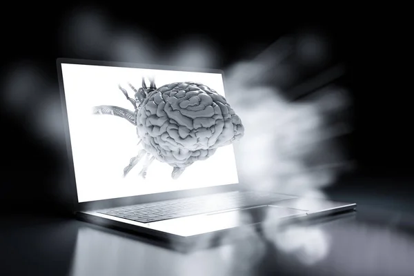 人工智能大脑概念与3D 渲染机器人大脑的计算机笔记本 — 图库照片