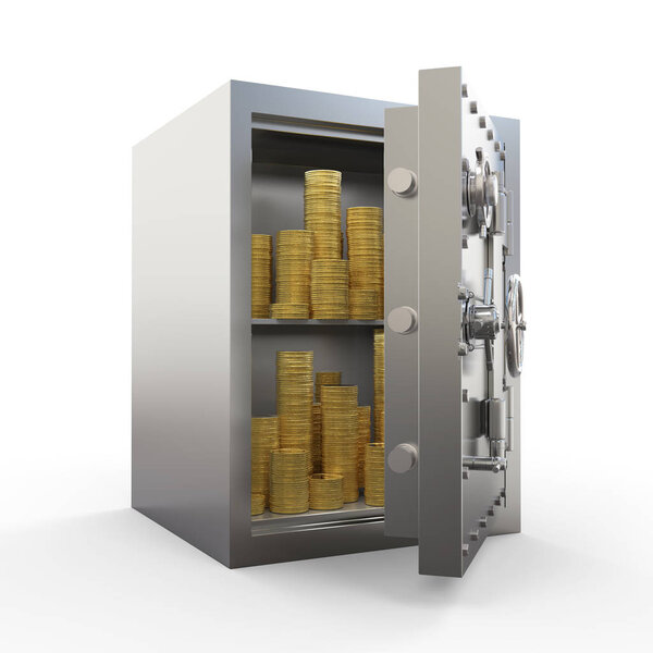 3d rendering metallic bank safe or steel safe with bullion