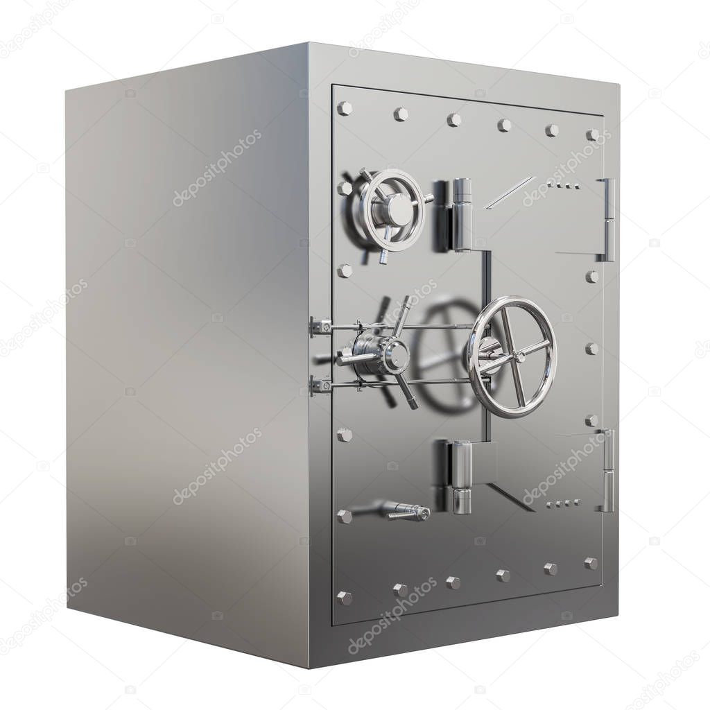 3d rendering metallic bank safe or steel safe isolated on white