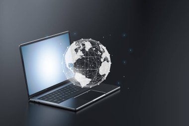 Küreselleşme kavramı ile dünya grafik 3d render dizüstü bilgisayar üzerinde