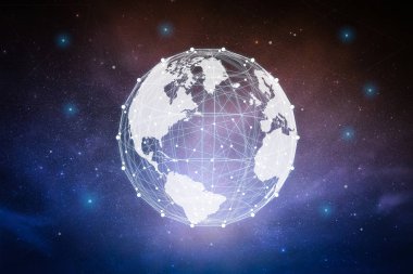 Küreselleşme kavramı ile dünya grafik illüstrasyon alacakaranlık gökyüzü üzerinde