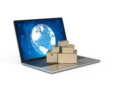 Online iş kavramı ile 3d render karton kutu bilgisayar dizüstü