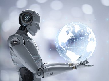 Küreselleşme teknoloji kavramı genel bağlantı ile 3d render robot ile