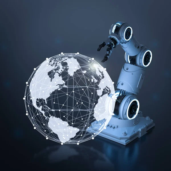 Conceito Tecnologia Globalização Com Mão Robô Renderização Com Conexão Mundial — Fotografia de Stock