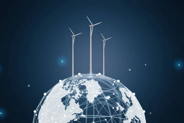 全球能源概念与3D 渲染在地球上的风力涡轮机 — 图库照片