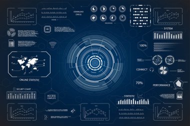 Hud arabirimi veya teknoloji grafik ekranda mavi renkli vektör çizim