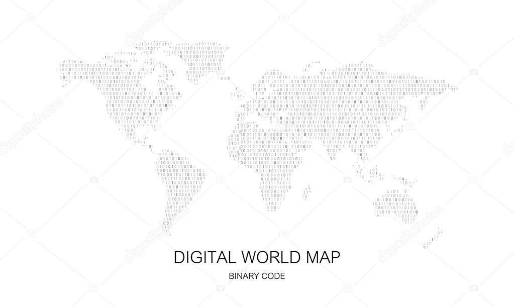 Digital world map with binary code pattern vector illustration
