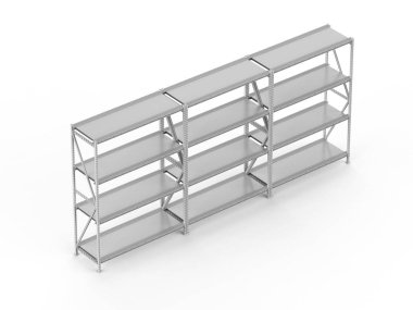 Beyaz arka plan üzerinde 3D render boş depo raf