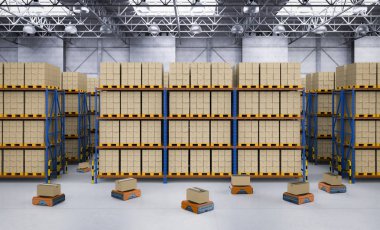 3d render ambar robot fabrikasında çalışmaya