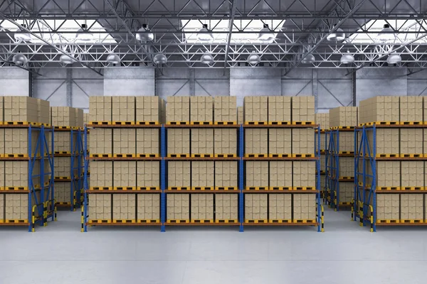 3d rendering racks full of carton boxes in warehouse